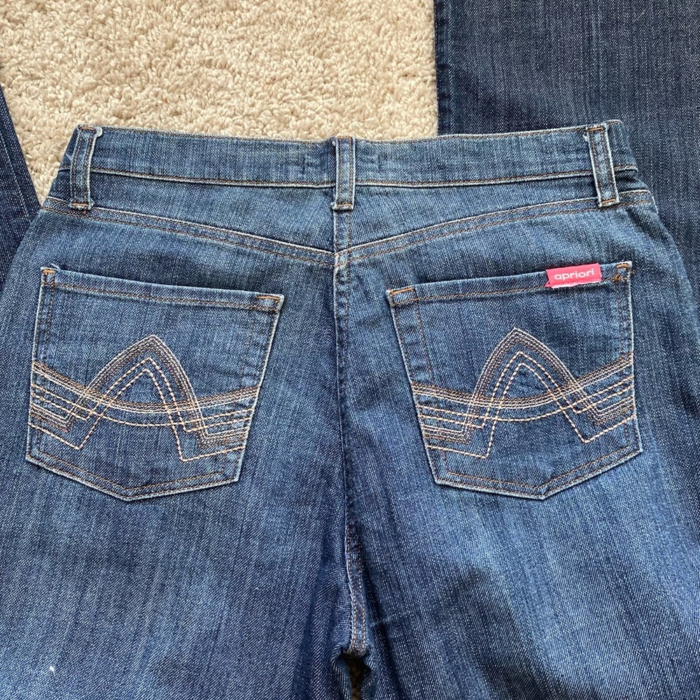 Apriori Women's Vintage 90’s mid rise wide leg fur trim jeans Sz 8 long blue - Picture 4 of 7